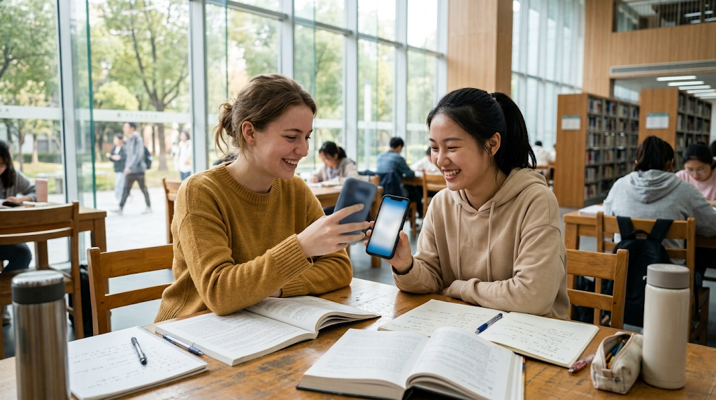 Российская и китайская студентки в библиотеке университета добавляют друг друга в WeChat после языкового обмена